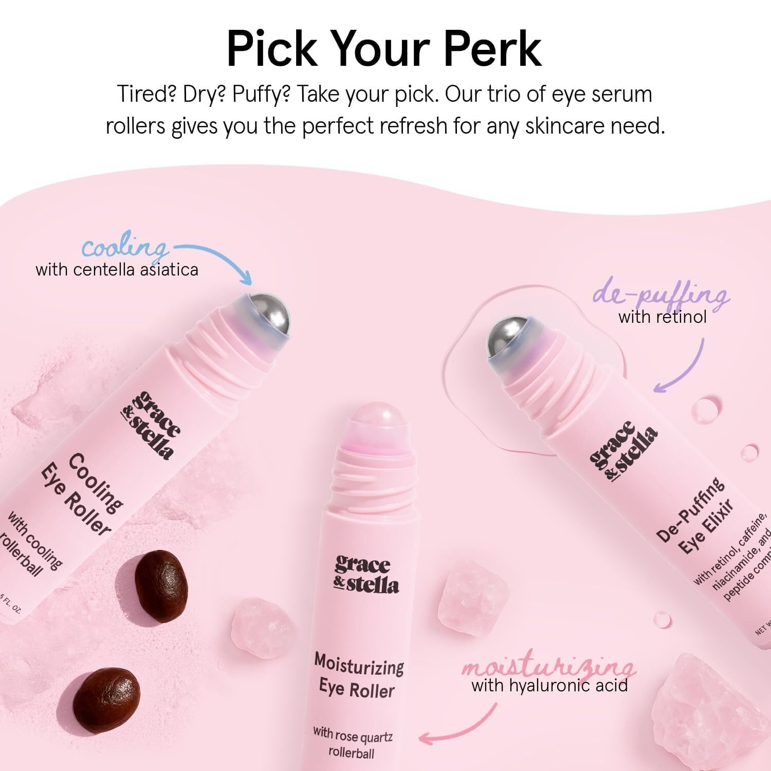 grace & stella Award Winning Under Eye Brightener with Rose Quartz Rollerball - Centella Asiatica & Caffeine Under Eye Serum for Dark Circles & Puffiness - Travel Essentials, Vegan (15ml/0.51floz)