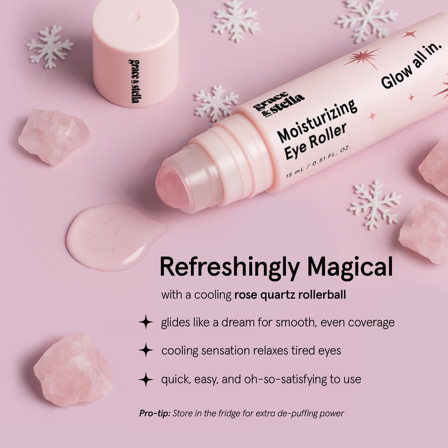 grace & stella Award Winning Under Eye Brightener with Rose Quartz Rollerball - Centella Asiatica & Caffeine Under Eye Serum for Dark Circles & Puffiness - Travel Essentials, Vegan (15ml/0.51floz)
