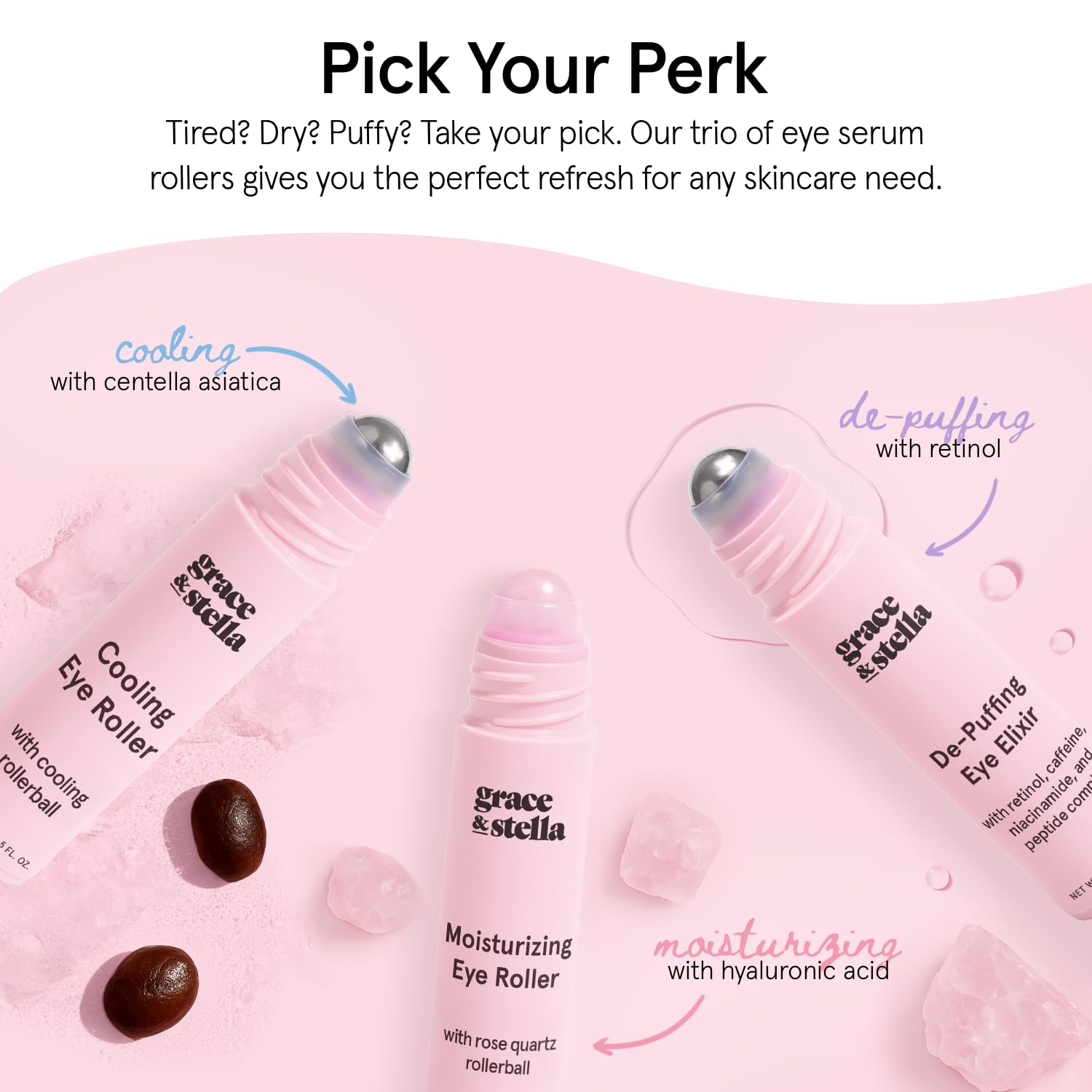 grace & stella Award Winning Under Eye Brightener with Rose Quartz Rollerball - Centella Asiatica & Caffeine Under Eye Serum for Dark Circles & Puffiness - Travel Essentials, Vegan (15ml/0.51floz)