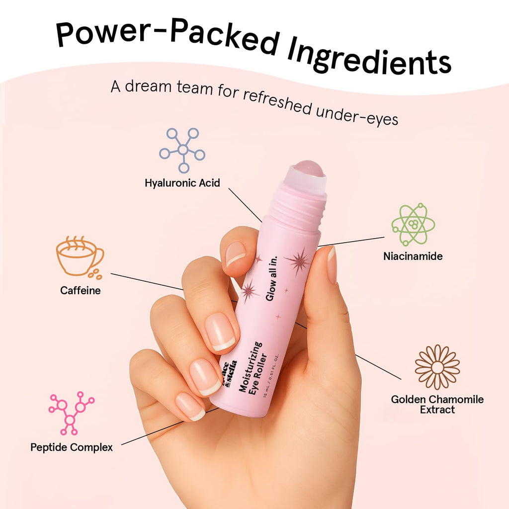 grace & stella Award Winning Under Eye Brightener with Rose Quartz Rollerball - Centella Asiatica & Caffeine Under Eye Serum for Dark Circles & Puffiness - Travel Essentials, Vegan (15ml/0.51floz)