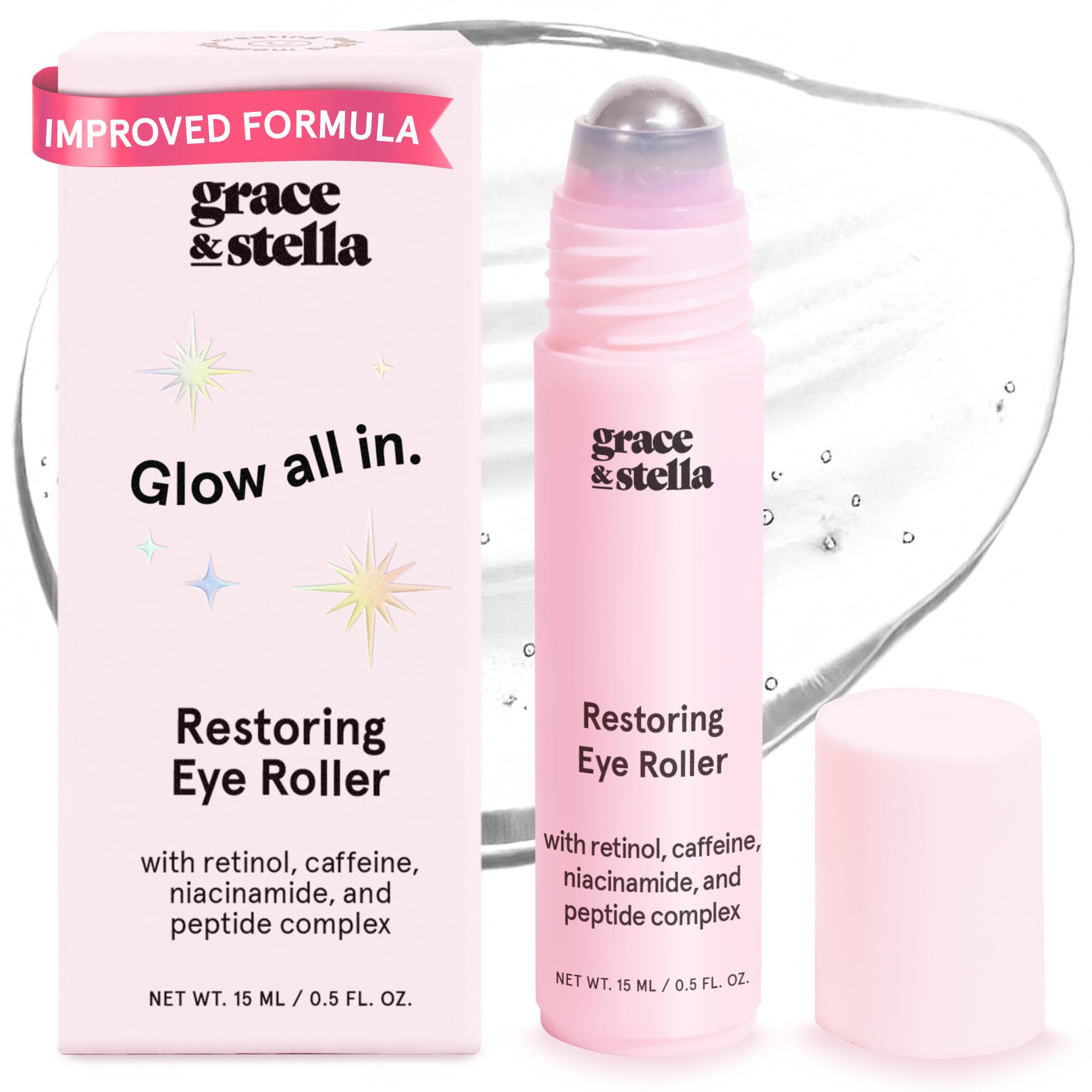 grace & stella Award Winning Under Eye Brightener with Rose Quartz Rollerball - Centella Asiatica & Caffeine Under Eye Serum for Dark Circles & Puffiness - Travel Essentials, Vegan (15ml/0.51floz)