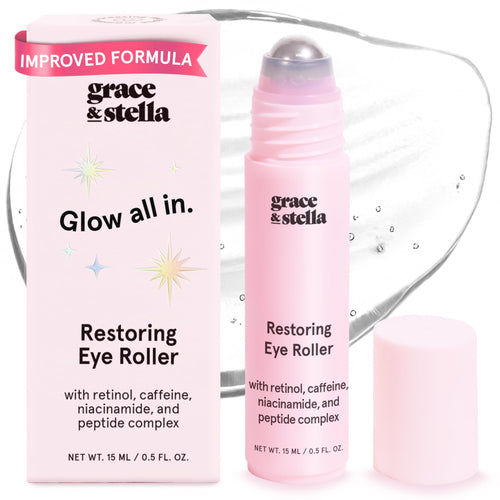 grace & stella Award Winning Under Eye Brightener with Rose Quartz Rollerball - Centella Asiatica & Caffeine Under Eye Serum for Dark Circles & Puffiness - Travel Essentials, Vegan (15ml/0.51floz)