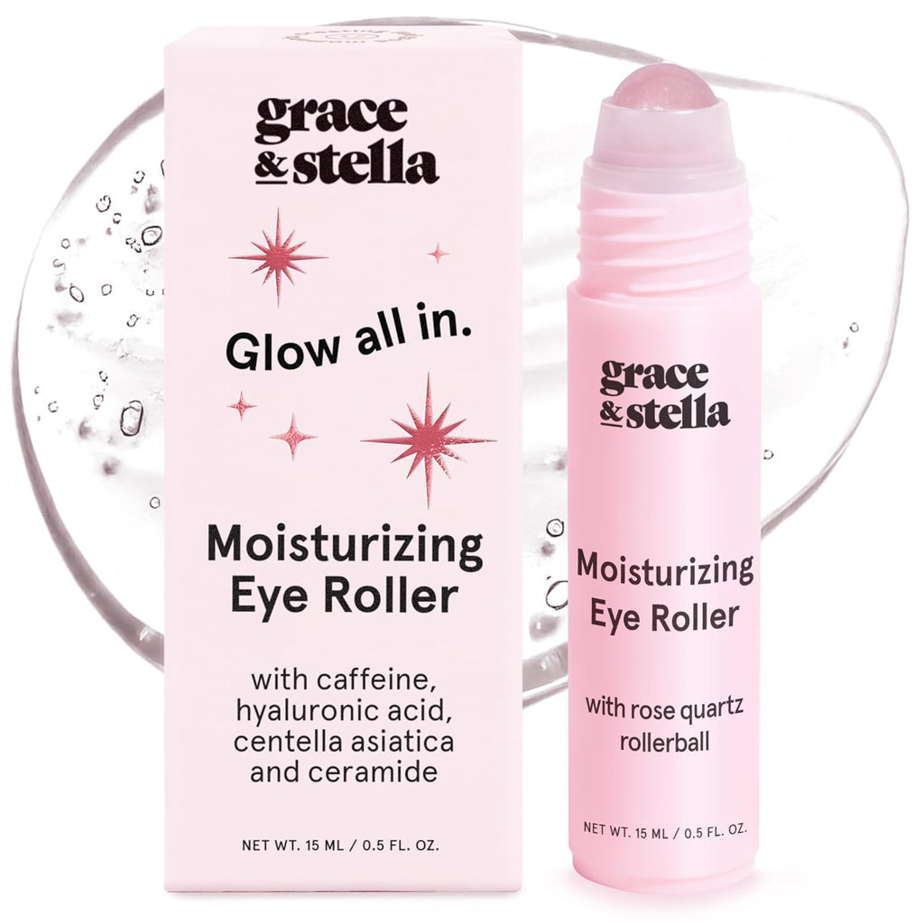 grace & stella Award Winning Under Eye Brightener with Rose Quartz Rollerball - Centella Asiatica & Caffeine Under Eye Serum for Dark Circles & Puffiness - Travel Essentials, Vegan (15ml/0.51floz)