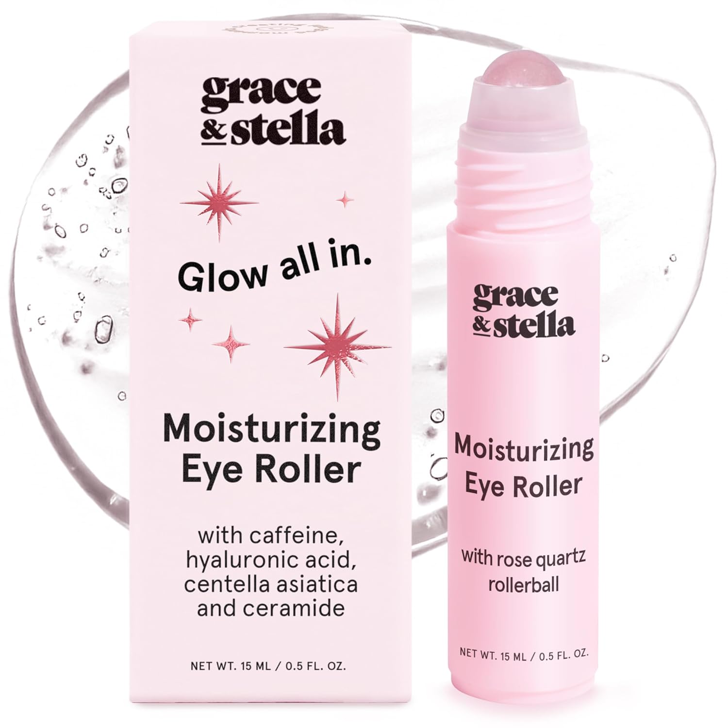 grace & stella Award Winning Under Eye Brightener with Rose Quartz Rollerball - Centella Asiatica & Caffeine Under Eye Serum for Dark Circles & Puffiness - Travel Essentials, Vegan (15ml/0.51floz)