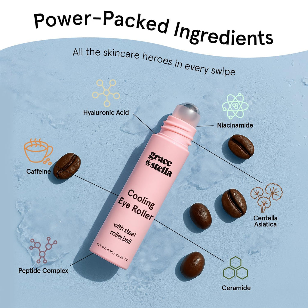grace & stella Award Winning Under Eye Brightener with Rose Quartz Rollerball - Centella Asiatica & Caffeine Under Eye Serum for Dark Circles & Puffiness - Travel Essentials, Vegan (15ml/0.51floz)