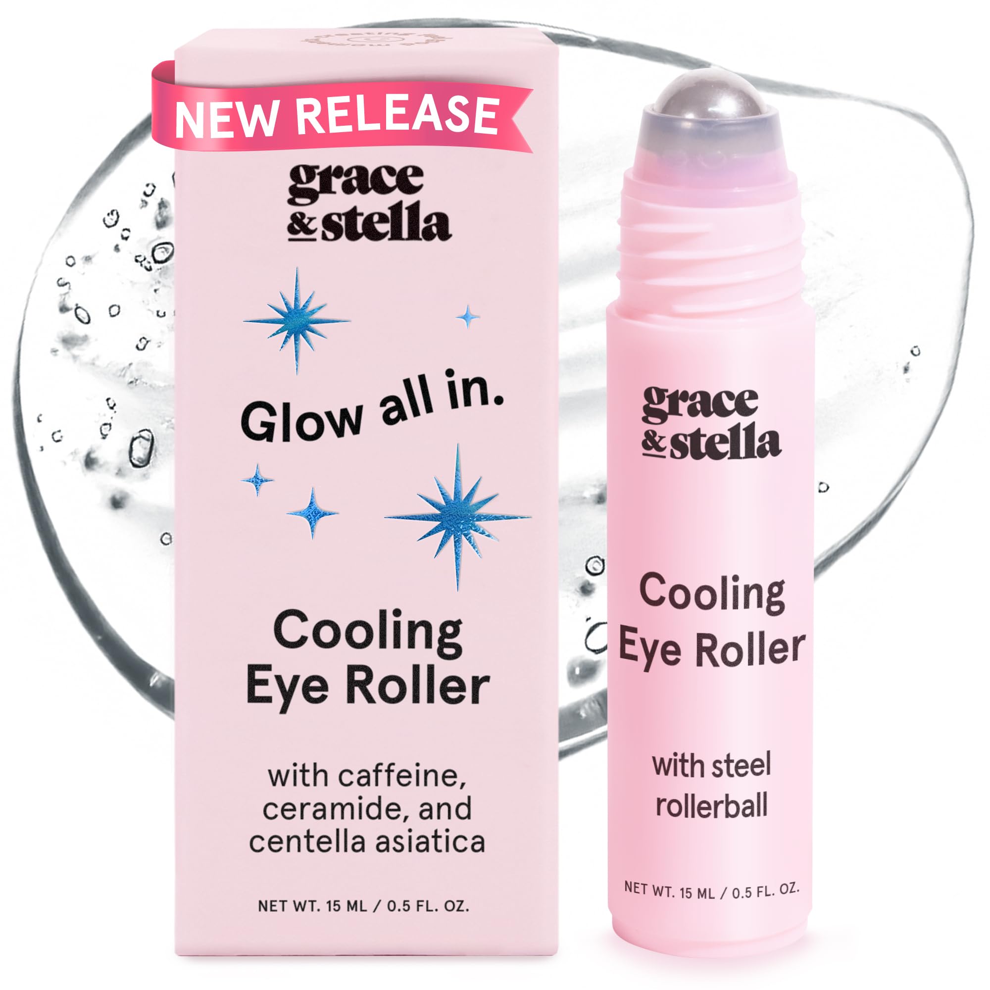 grace & stella Award Winning Under Eye Brightener with Rose Quartz Rollerball - Centella Asiatica & Caffeine Under Eye Serum for Dark Circles & Puffiness - Travel Essentials, Vegan (15ml/0.51floz)