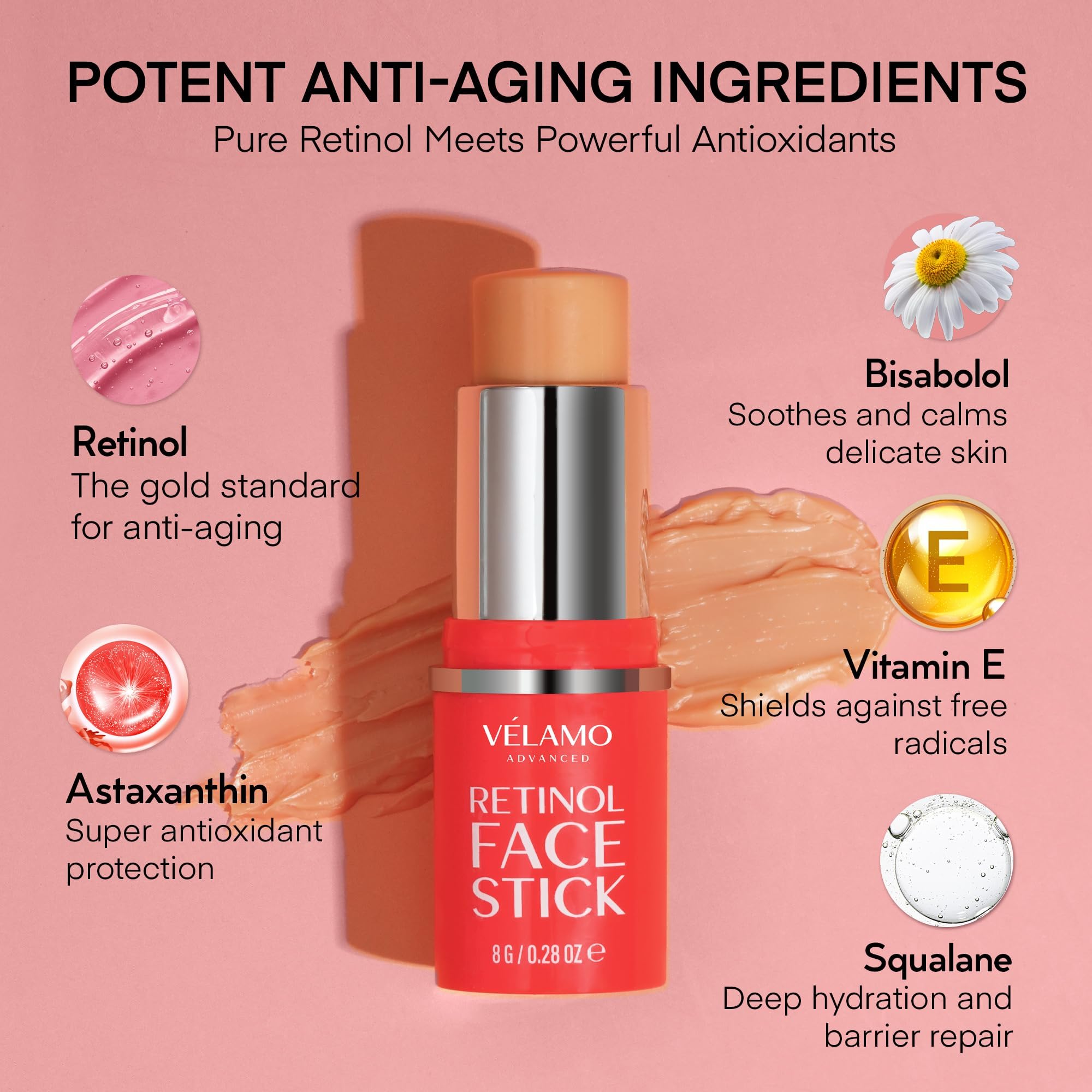 VELAMO ADVANCED Retinol Face Stick – Reduces Fine Lines, Wrinkles & Uneven Texture in 4–8 Weeks – For Mature Skin, Women & Men – 0.28 OZ/8g